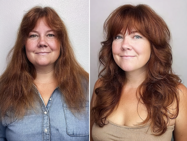 frisuren für rundes gesicht & doppelkinn ab 50 luftiger feather cut mit fransigem pony