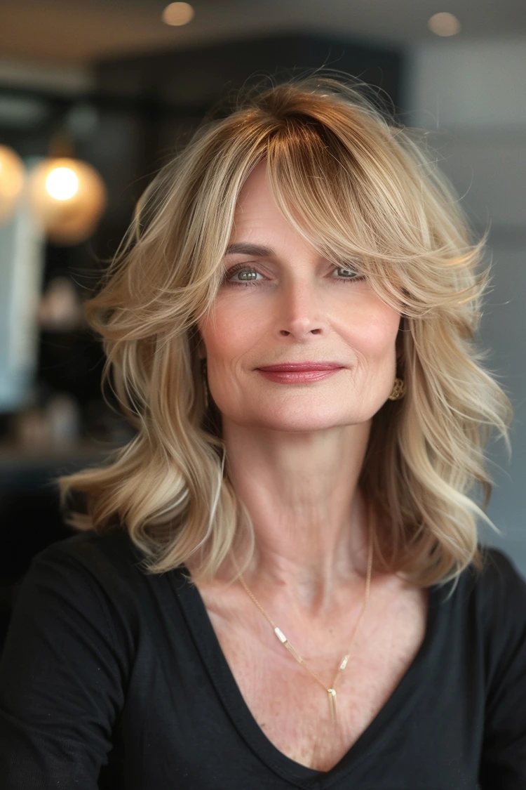 frisuren halblang blond ab 50 face framing layers