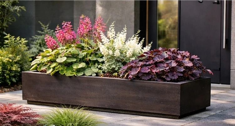 Grüne und rote Blätter mit Blüten kombinieren im Holzkübel