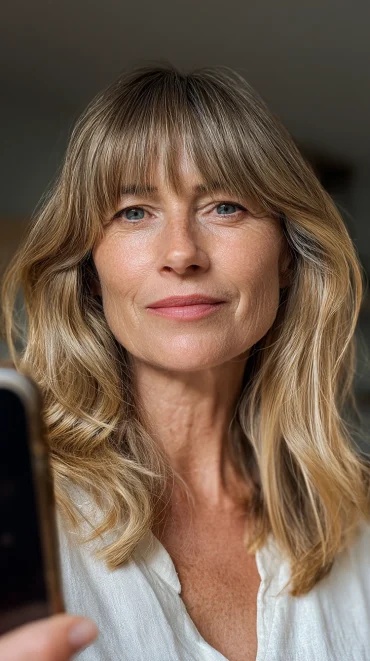 halblange frisur für frauen ab 50 mit face framing layers & pony