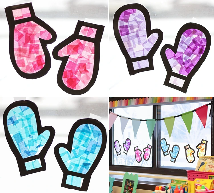 Handschuhe mit Transparentpapier als Fensterbilder