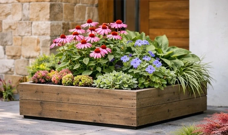 Holzkübel und Hochbeete üppig bepflanzen mit Blumen, Grünpflanzen und Ziergräsern