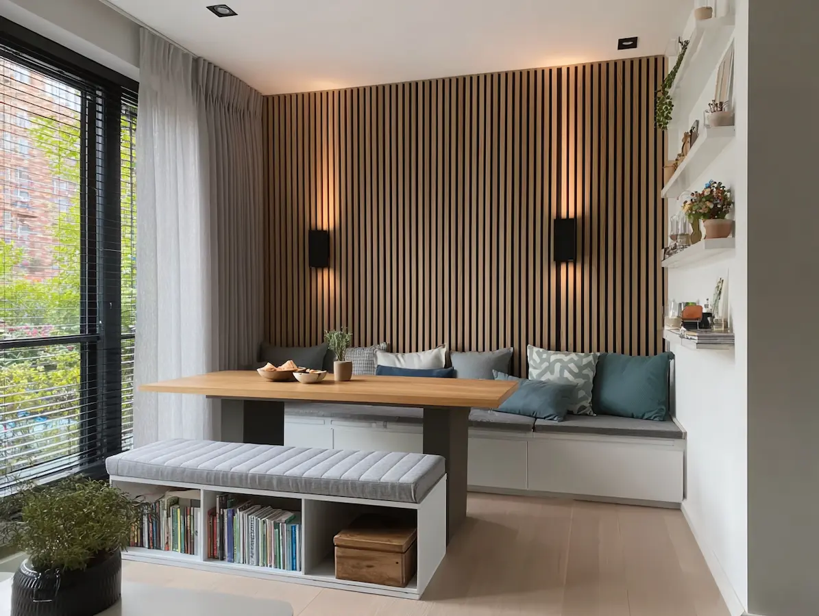 holzverkleidung an wand hinter essplatz