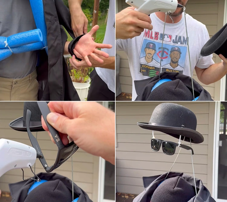 Hut und Sonnenbrille mit Heißkleber am Draht befestigen