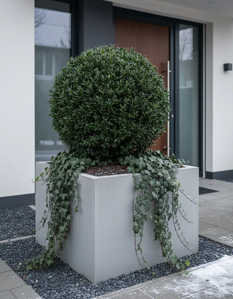 immergrüne kugel im kübel mit efeu – moderne winteridee für den eingangsbereich