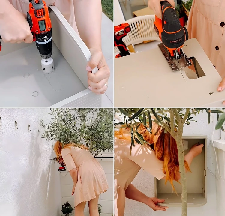 In den Behälter eine Öffnung schneiden, durch die der Wasserhahn passt