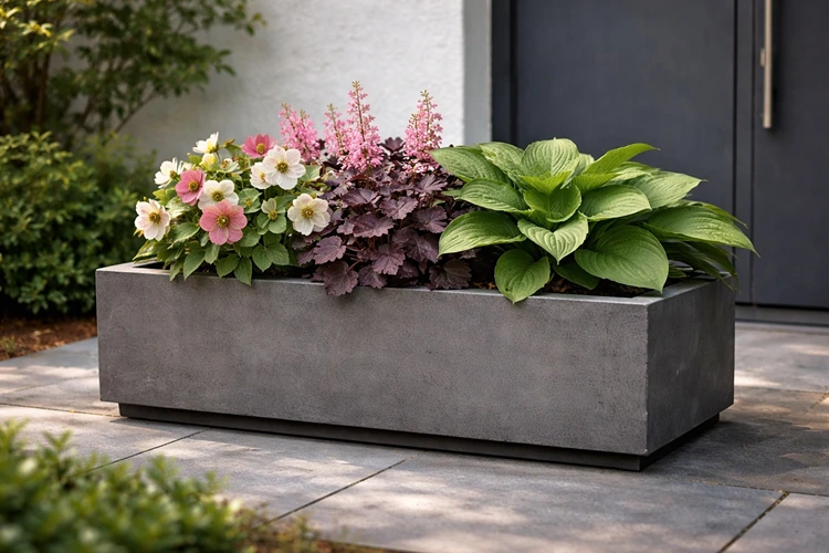 Kombi aus Lenzrose (Helleborus × hybridus), Purpurglöckchen (Heuchera 'Palace Purple'), Funkie (Hosta)