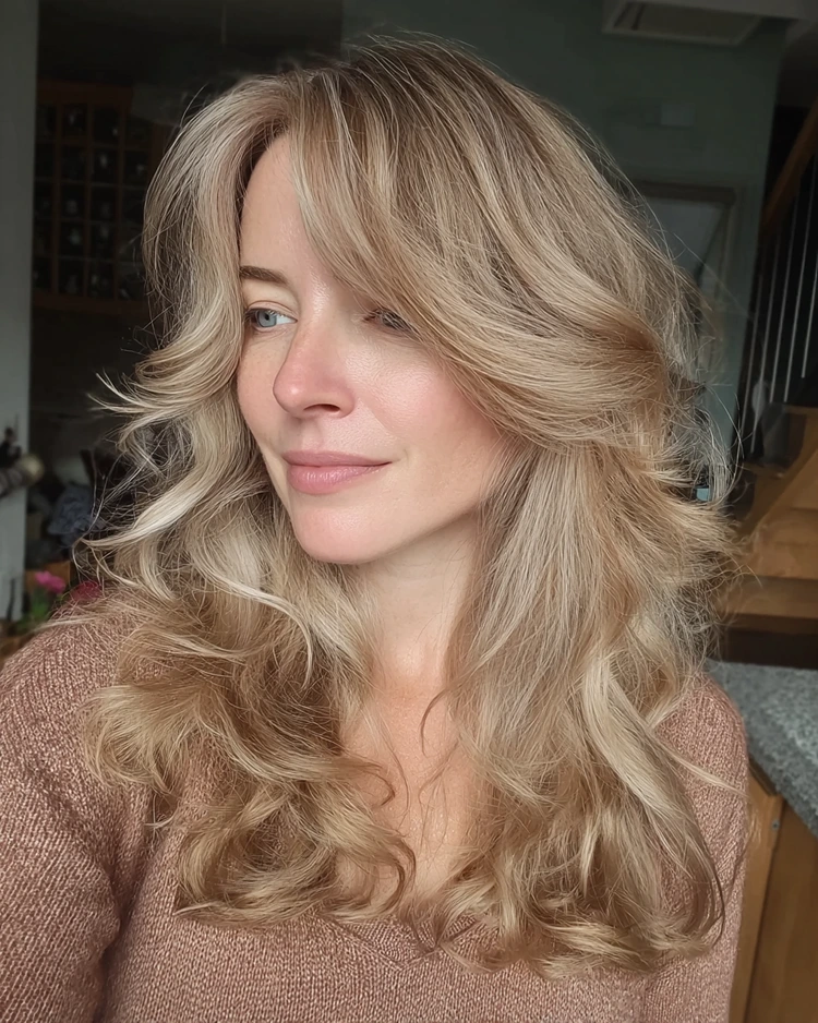 lange haare face framing layers stufenschnitt teddyblond