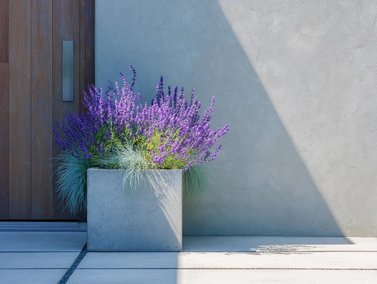 Lavendel und Blauschwingel sind eine romantische Pflanzenkombi für Beton-Kübel