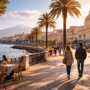 mann und frau spazieren im winter durch eine warme europäische stadt