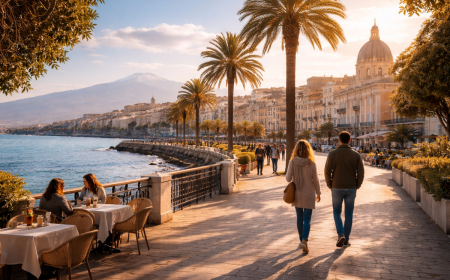 mann und frau spazieren im winter durch eine warme europäische stadt