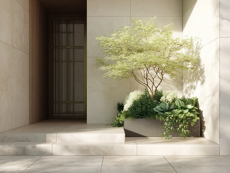 Minimalistische, grüne Bepflanzung mit Ahorn und Blattschmuckpflanzen