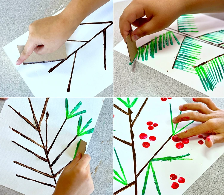 Mit der Kante von Pappe Striche drucken für Tannenzweige