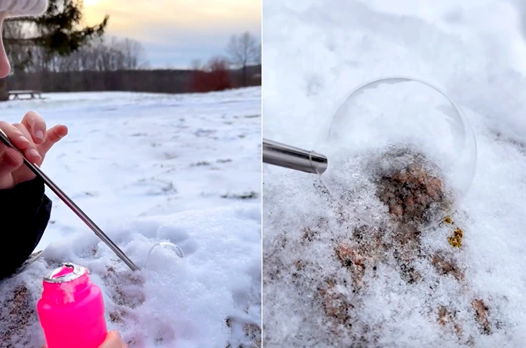 Mit einem Strohhalm Seifenblasen pusten und gefrieren lassen