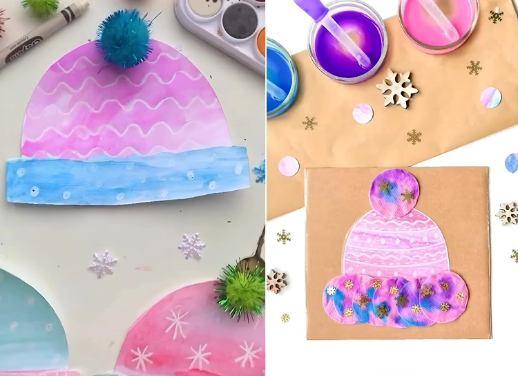 Mit Wasserfarben, Wachsmalstiften und Papier eine Mütze herstellen