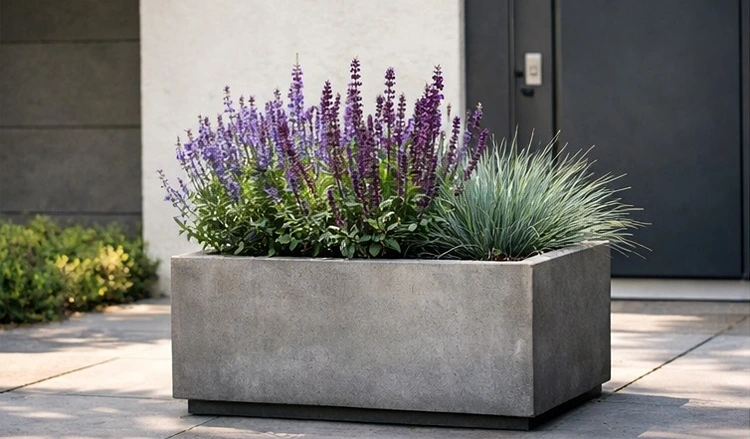 Moderne Pflanzkübel vor der Haustür mit Lavendel und Blauschwingel in Beton