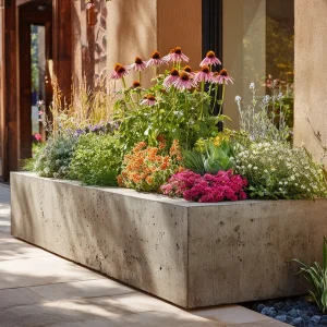 Moderne Pflanzkübel vor der Haustür pflegeleicht bepflanzen mit grünen und blühenden Pflanzen