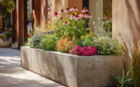 Moderne Pflanzkübel vor der Haustür pflegeleicht bepflanzen mit grünen und blühenden Pflanzen