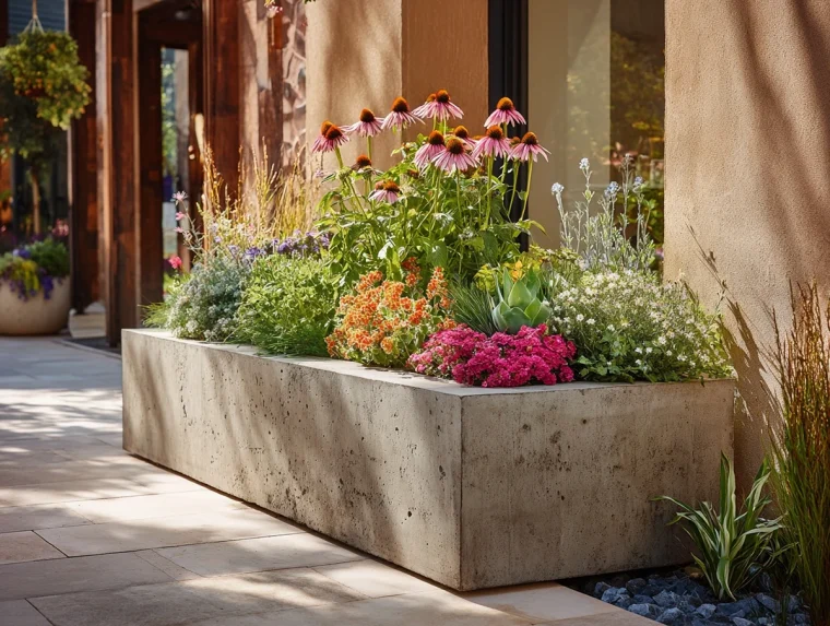 Moderne Pflanzkübel vor der Haustür pflegeleicht bepflanzen mit grünen und blühenden Pflanzen