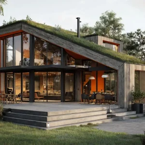 Nachhaltige moderne Architektur Haus mit bepflanztem Dach