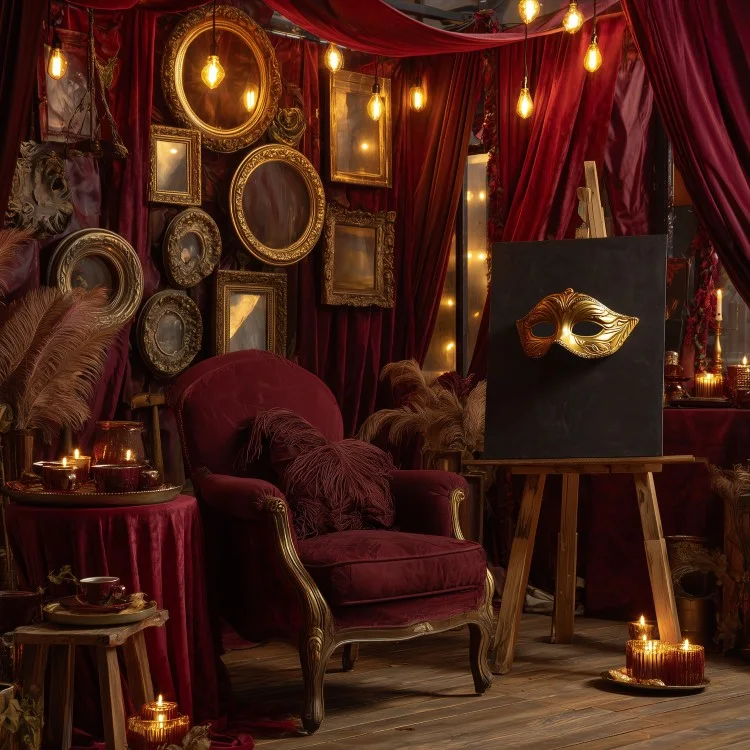 Opernhausoptik mit Maskeradenball Deko mit Masken