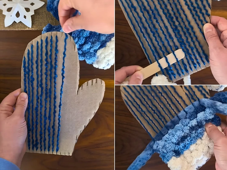 Pappe einschneiden und mit Wollfäden umwickeln