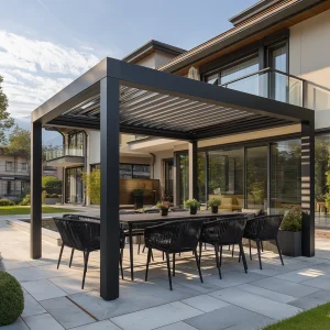 Pergola mit Lamellendach für Schutz in offenen Gärten