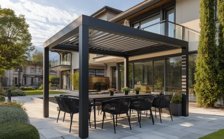 Pergola mit Lamellendach für Schutz in offenen Gärten