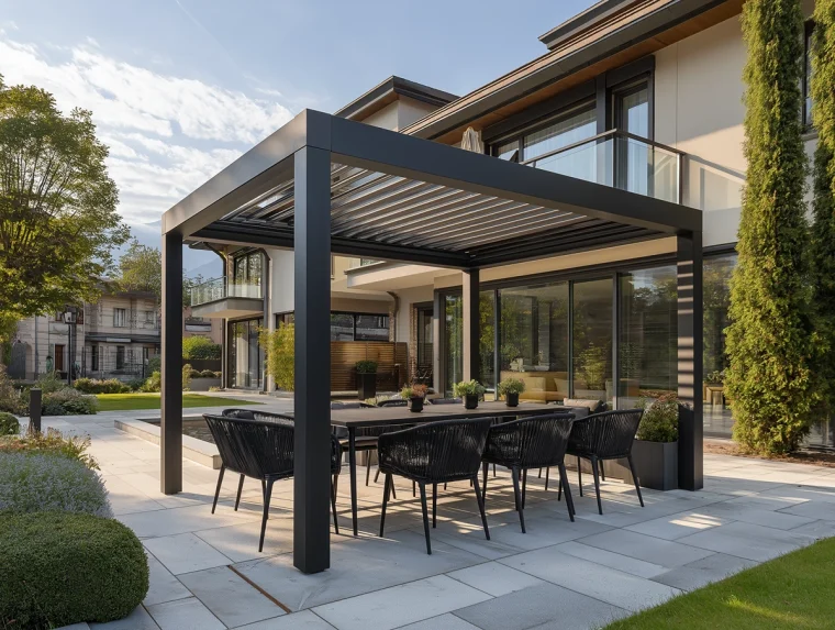 Pergola mit Lamellendach für Schutz in offenen Gärten