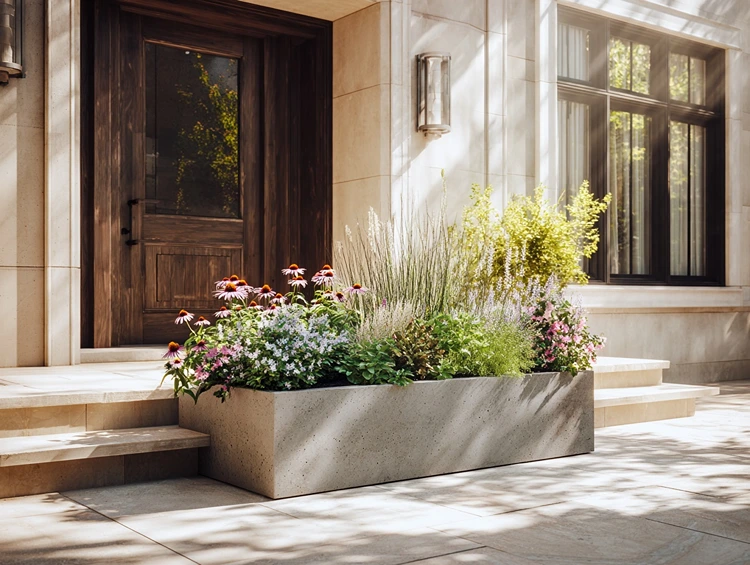 Pflegeleichte Kübelbepflanzung für den Eingangsbereich eines Stadthauses