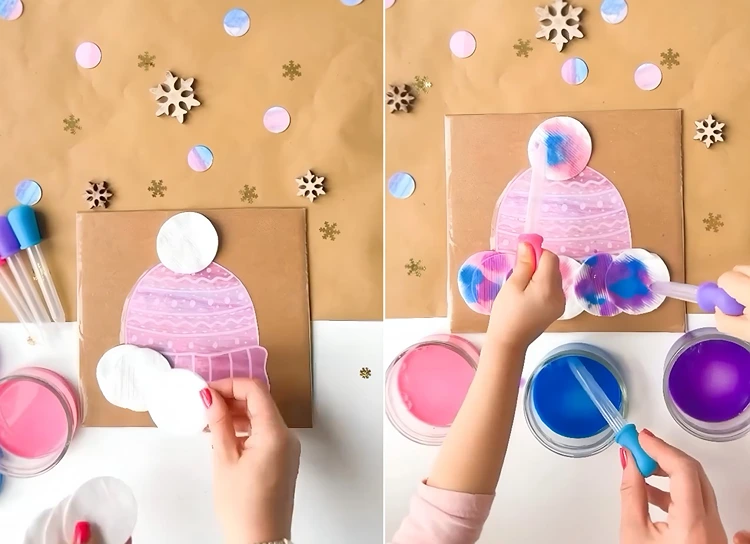 Pudelmütze mit Wattepads und flüssigen Farben gestalten