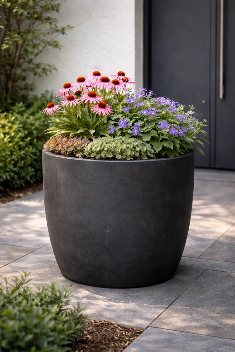 Purpur-Sonnenhut (Echinacea purpurea), Storchschnabel (Geranium 'Rozanne'), Hauswurz (Sempervivum spp.) für die Kübelbepflanzung