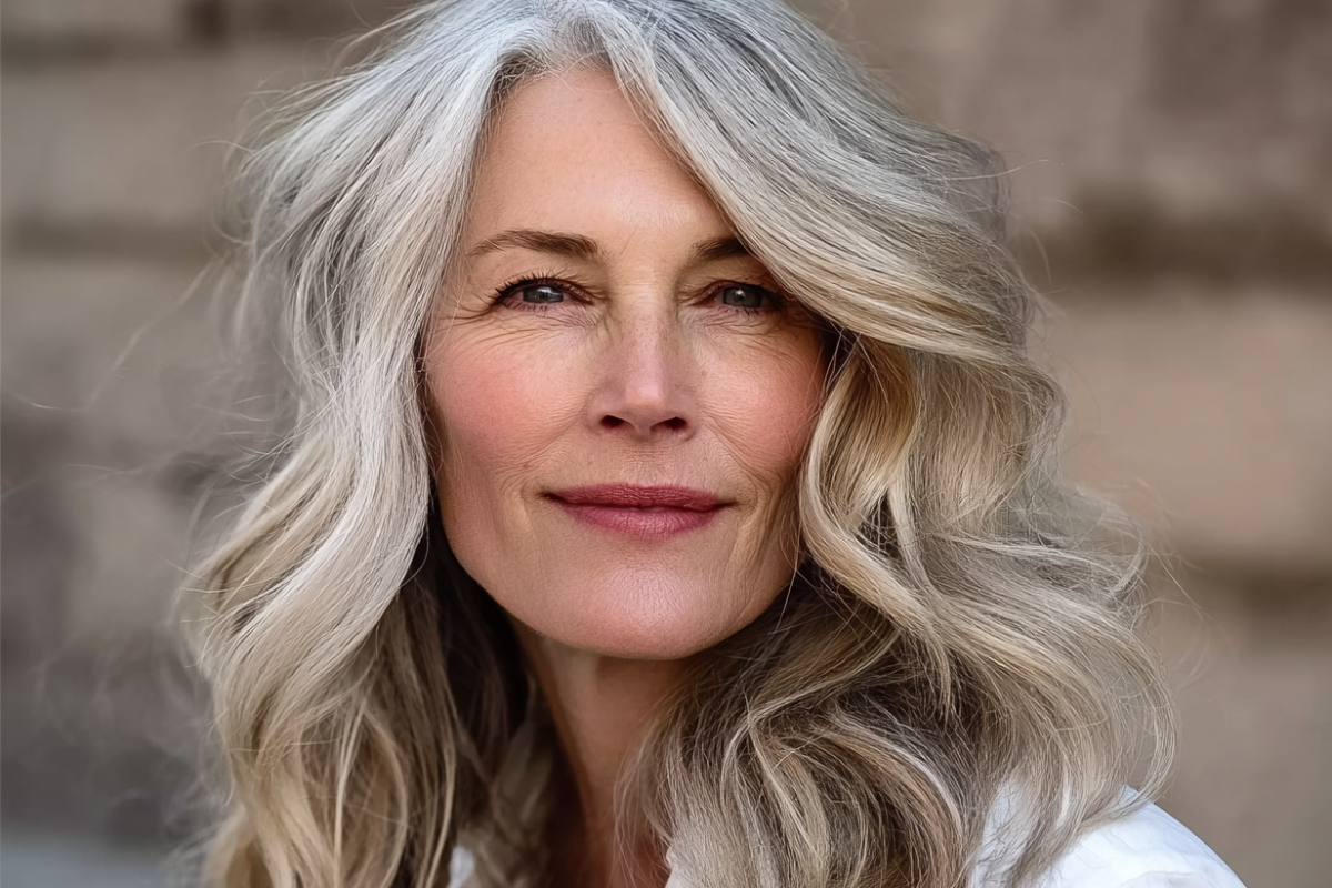 reife frau mit gewelltem stufenschnitt und seitenscheitel