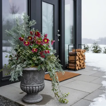 rote christrose, die im winter draußen blüht