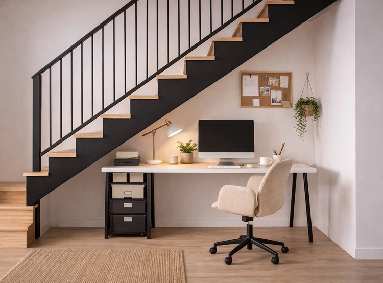 Schreibtisch selber bauen und unter der Treppe platzieren