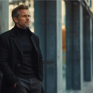 schwarze elegante hose mit mantel und rollkragen kombiniert