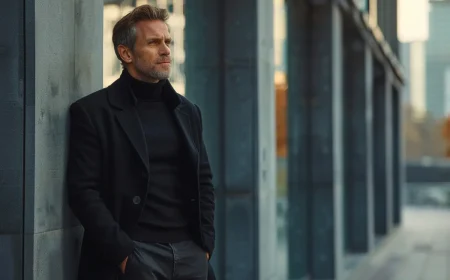 schwarze elegante hose mit mantel und rollkragen kombiniert