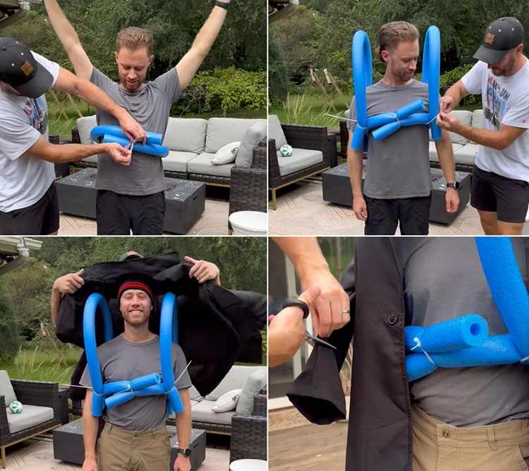 Schwimmnudeln um den Körper binden und schwarzes Hemd darüber tragen