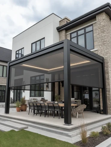 Seitlicher Sonnenschutz für die Terrassenüberdachung aus Markisen verhindert Hitzestau