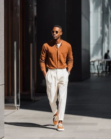 smart casual fürs büro weite stoffhose kombiniert mit hochwertigen leder sneakern