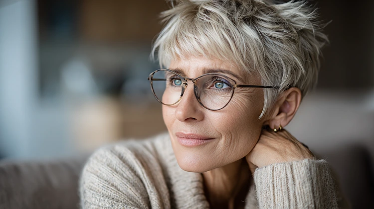 soft pixie haarschnitt frauen ab 60 mit brille