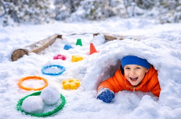 Sportliche Bewegungsspiele mit Kindern im Schnee - Einen Parcours im Garten oder Park bauen