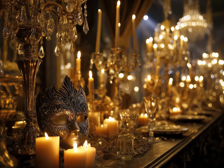 Stilvolle Deko für Partys für Karneval in Gold und Krystall