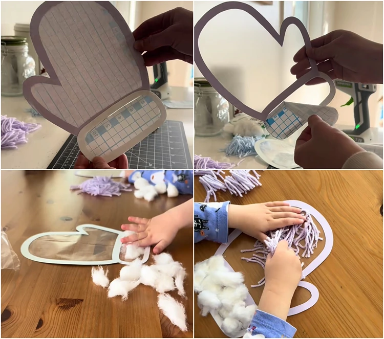 Upcycling-Projekt mit Klebefolie, Wollfäden und Watte