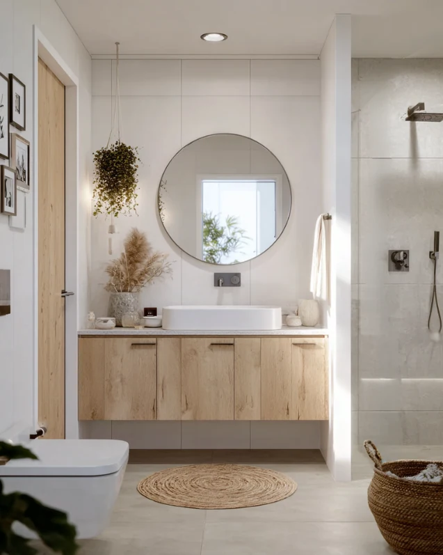 waschtisch mit holz, runder spiegel, gemauerte dusche