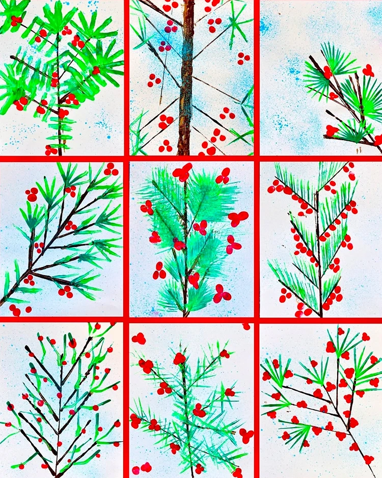 Winterbilder malen mit Kindern mithilfe von Pappstreifen zum Drucken