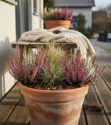 winterheide und ziergras im topf – natürliche kübelbepflanzung im januar