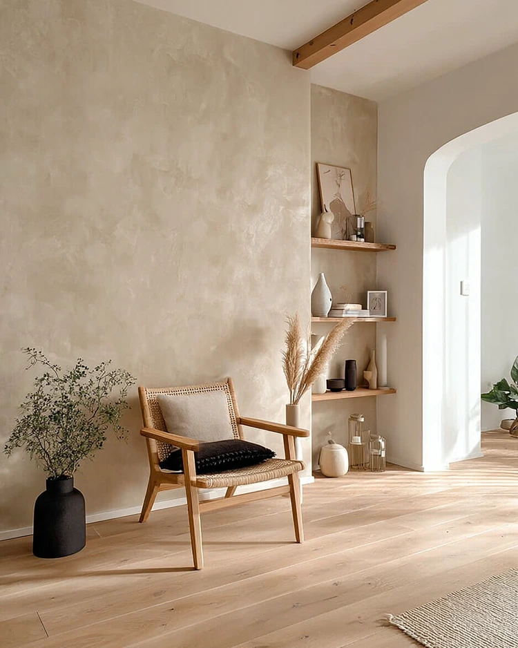 wohnzimmer mit beiger limewash wand & holz