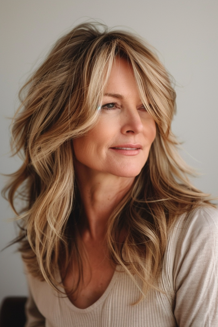 frau ab 50 mit modernem, lang gestuftem 90er jahre haarschnitt mit gefiederten ponyfransen