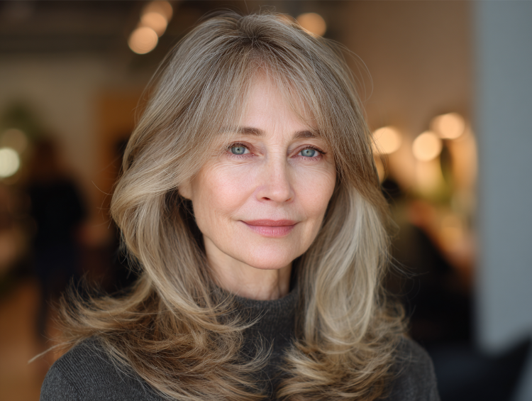 frau mit 90er jahre stufenschnitt mit feather bangs